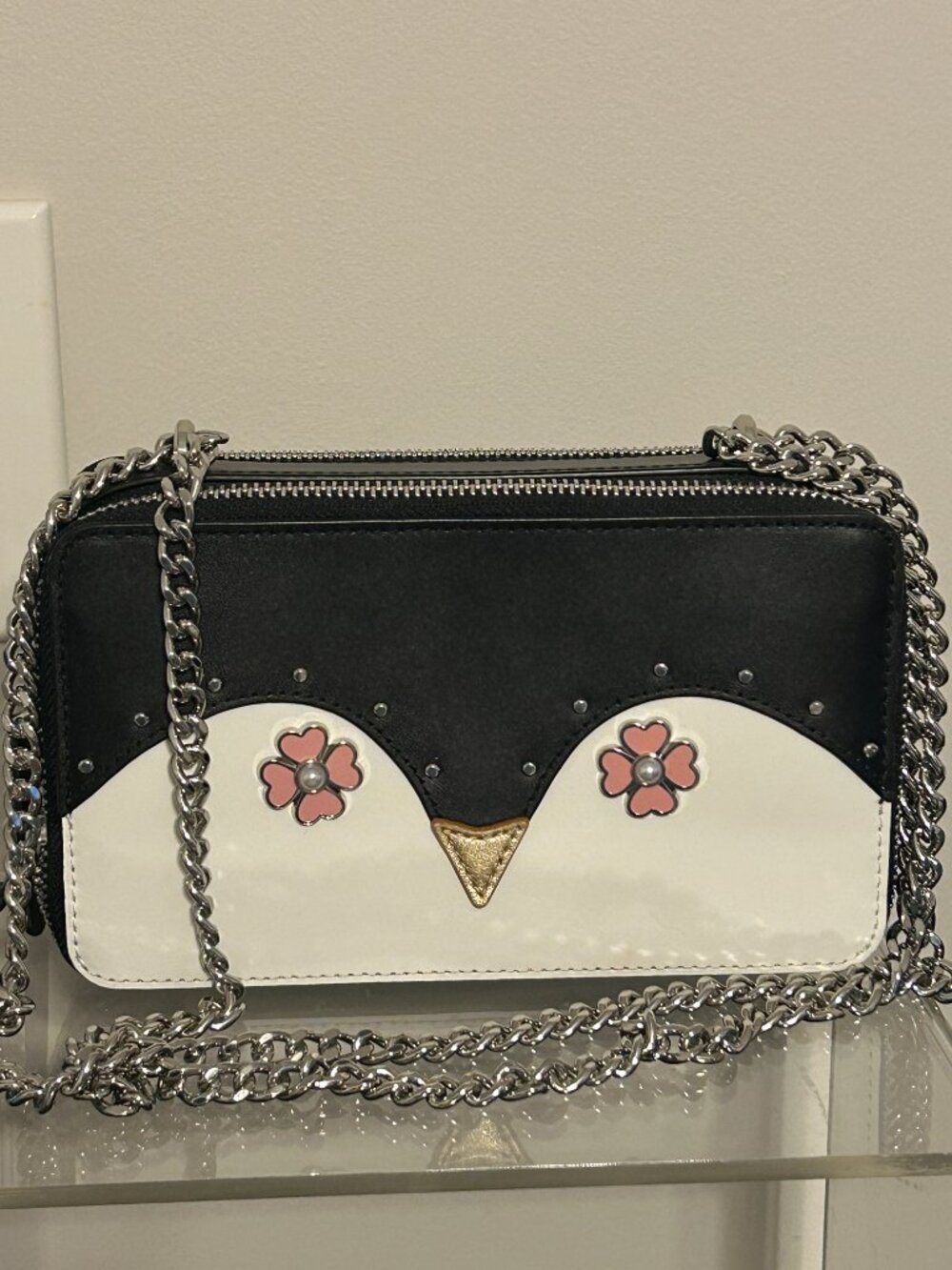 KATE SPADE Black Frosty Penguin Double Zip Chain Link Crossbody Leather Handbag